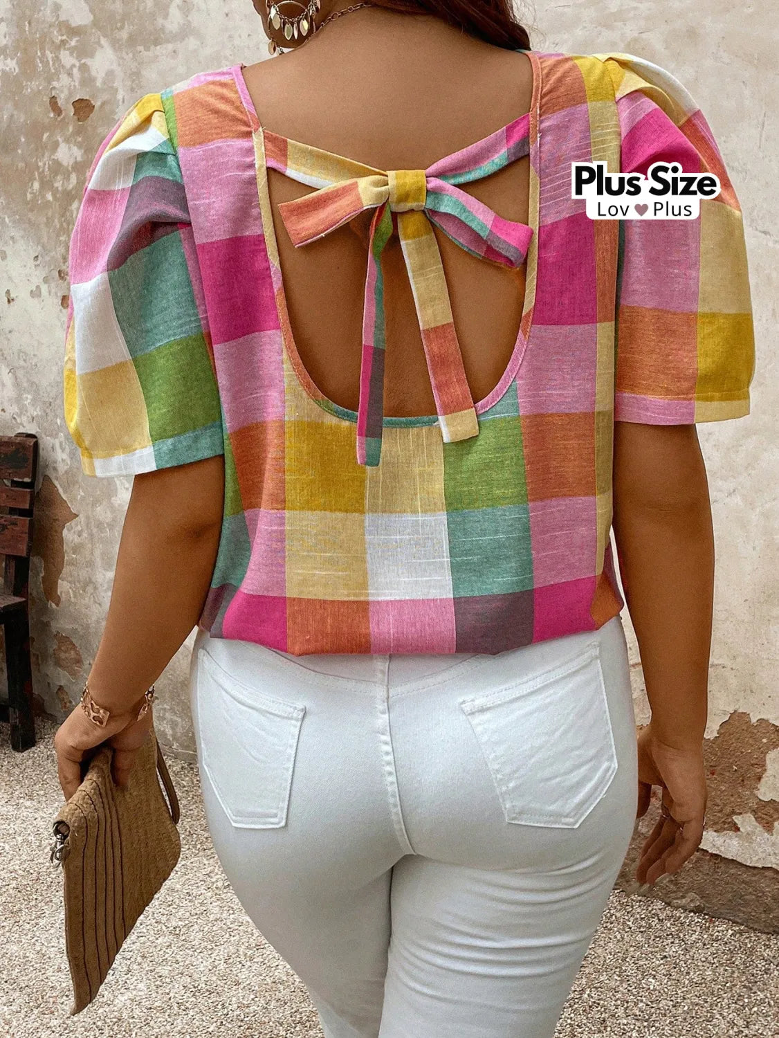 Blusa de Algodão Plus Size Xadrez Blusas Plus Size