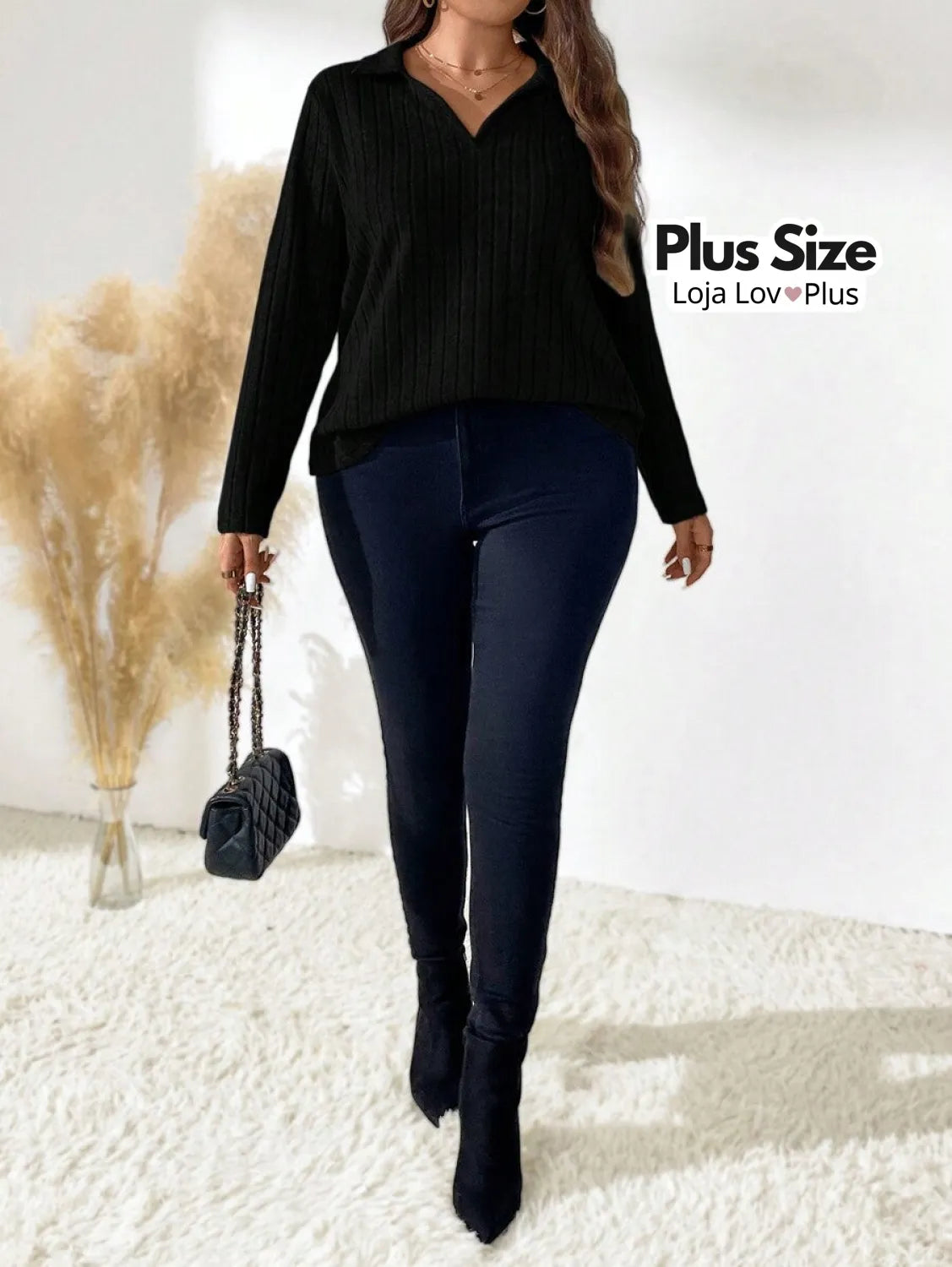 Blusa de Manga Comprida Canelada Blusas Plus Size
