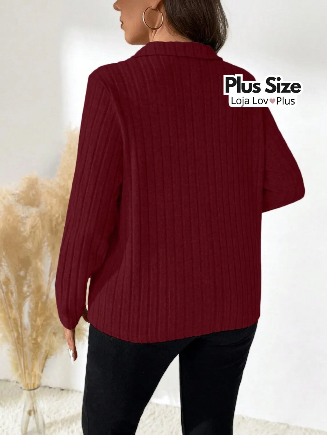 Blusa de Manga Comprida Canelada Blusas Plus Size