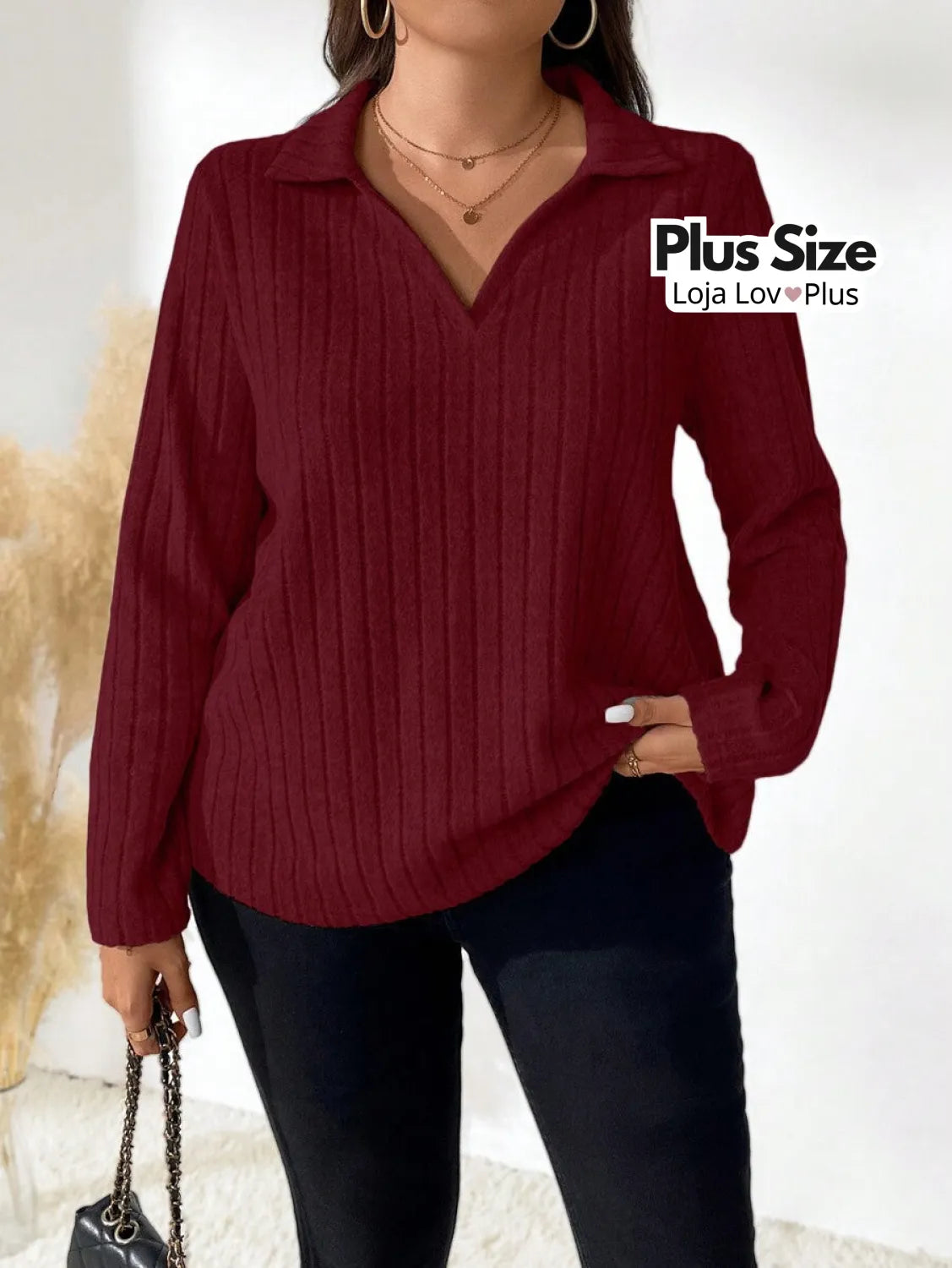 Blusa de Manga Comprida Canelada Blusas Plus Size