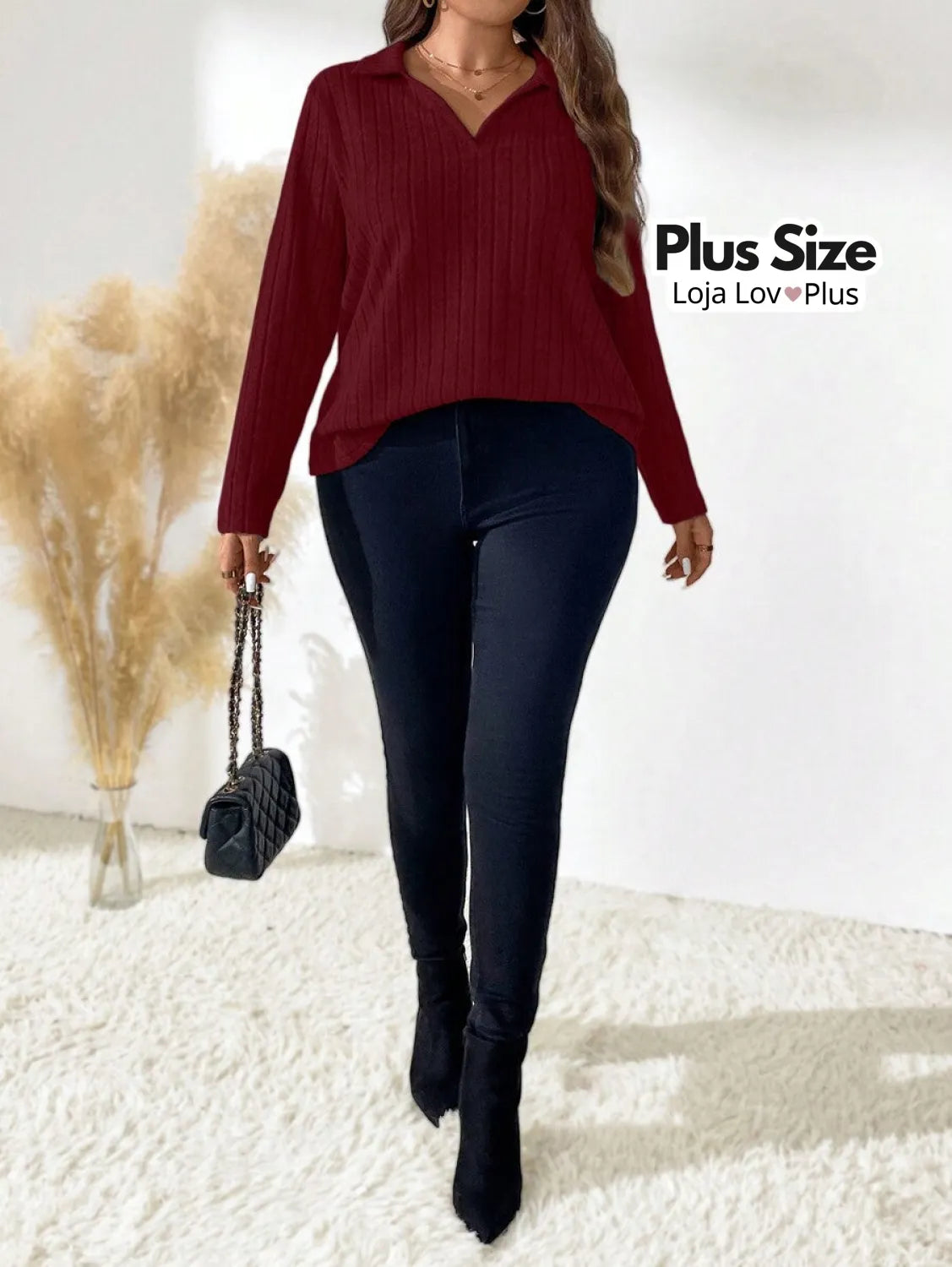 Blusa de Manga Comprida Canelada Blusas Plus Size