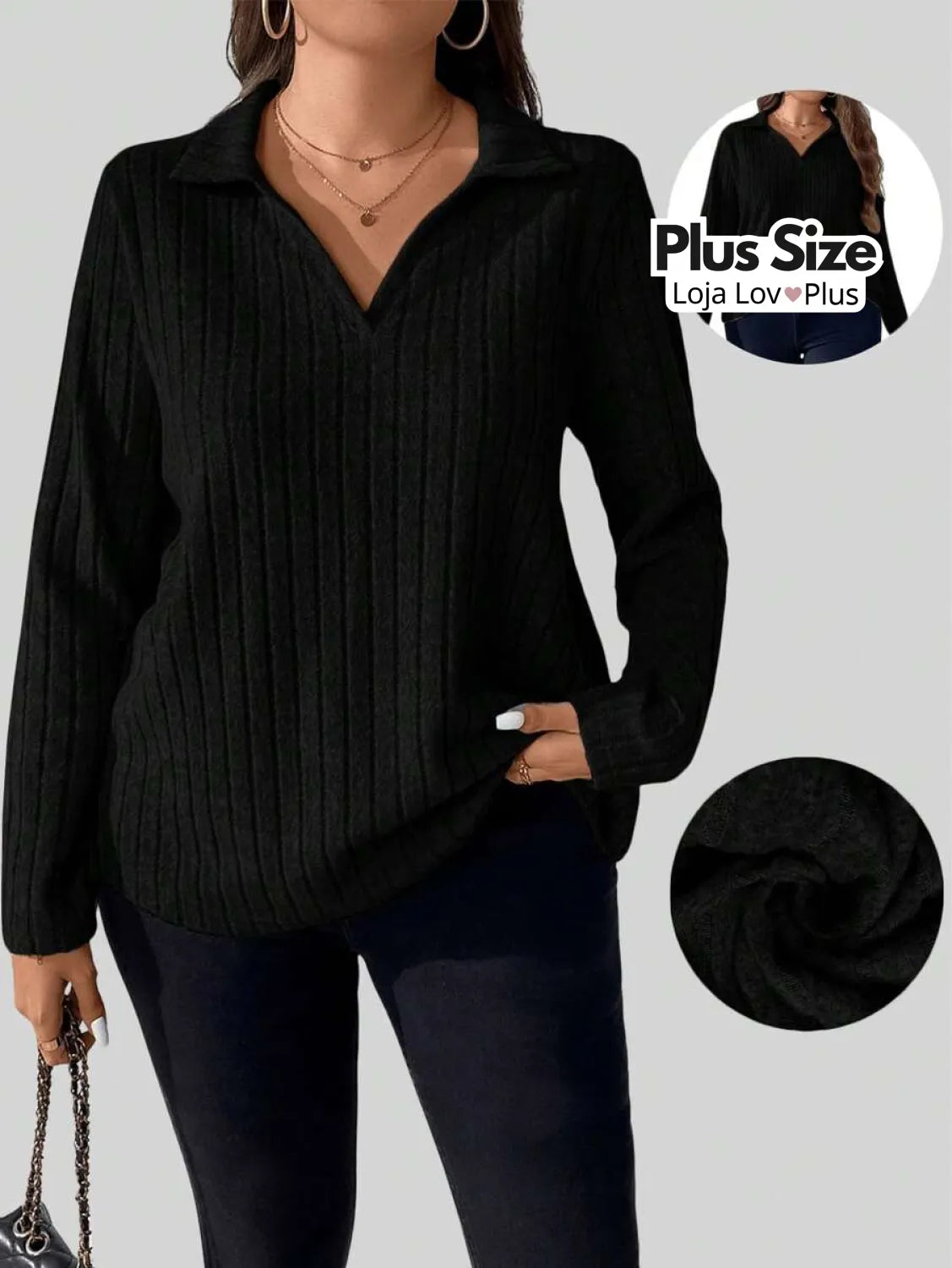 Blusa de Manga Comprida Canelada Blusas Plus Size
