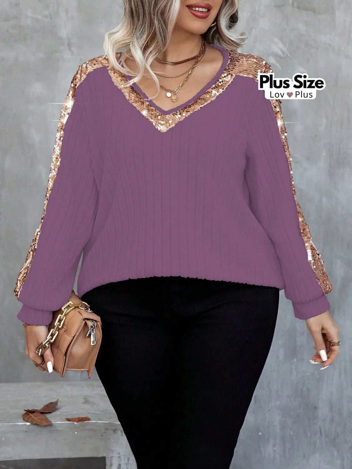 Blusa de Manga Longa Plus Size com Paetê Blusas Plus Size