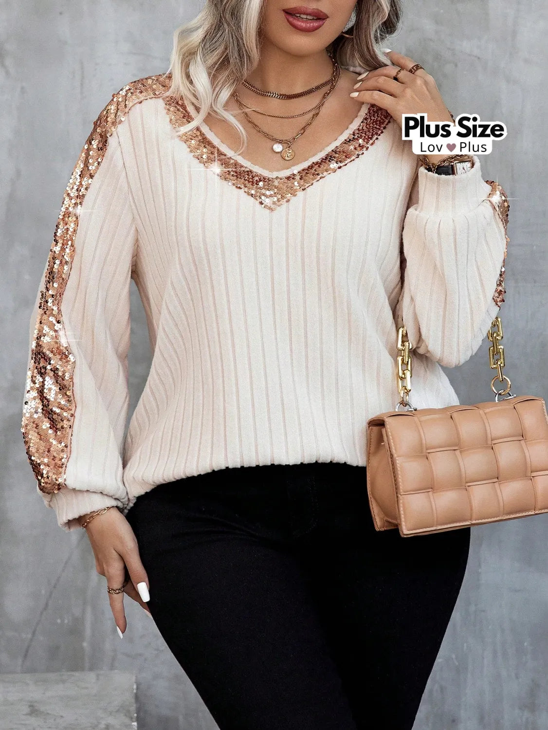 Blusa de Manga Longa Plus Size com Paetê Blusas Plus Size