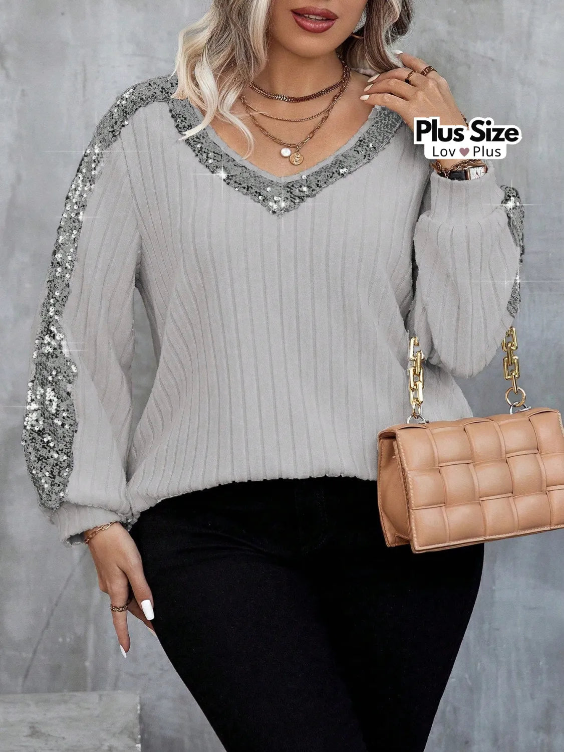 Blusa de Manga Longa Plus Size com Paetê Blusas Plus Size