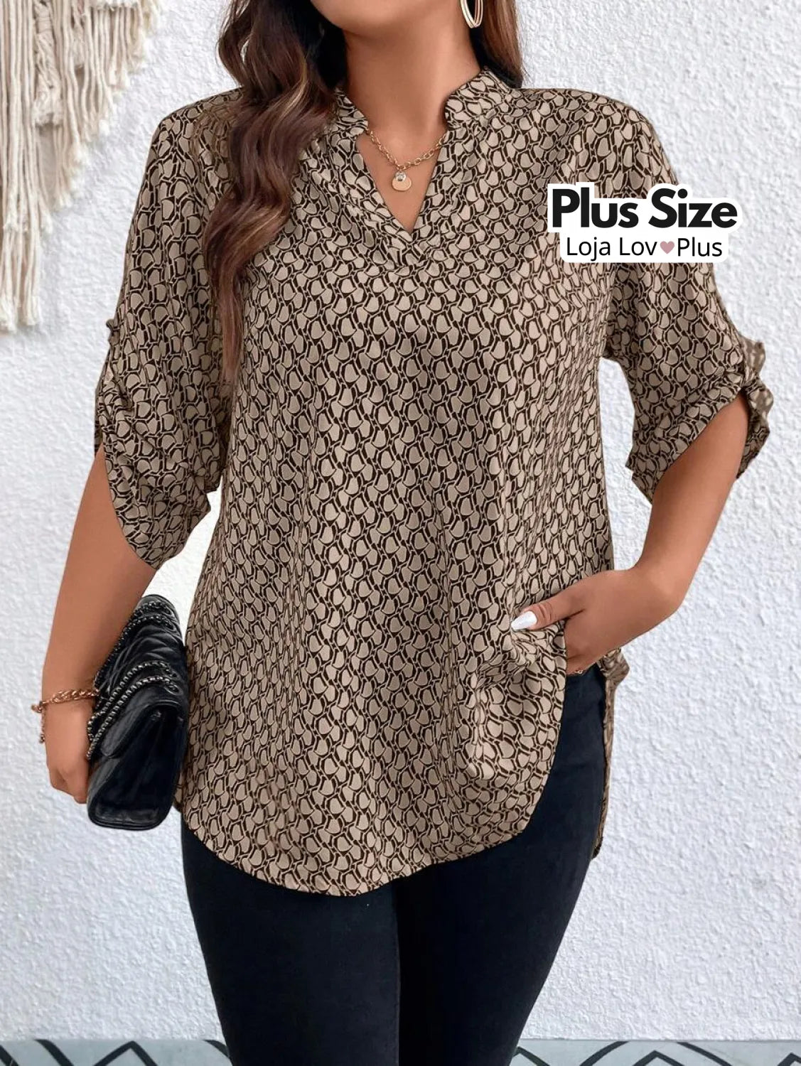 Blusa Plus Size Longa com Manga Dobrável Blusas Plus Size