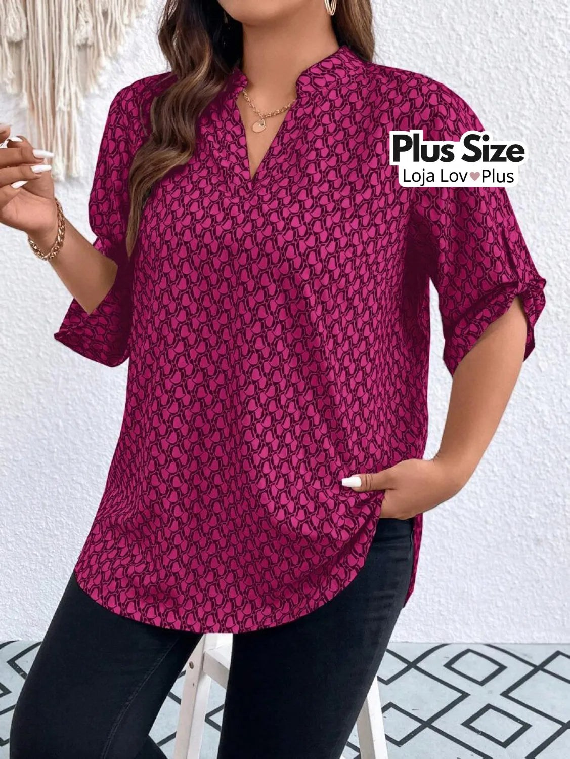 Blusa Plus Size Longa com Manga Dobrável Blusas Plus Size