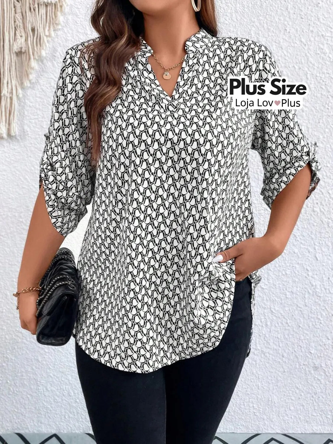 Blusa Plus Size Longa com Manga Dobrável G / Branco Blusas Plus Size