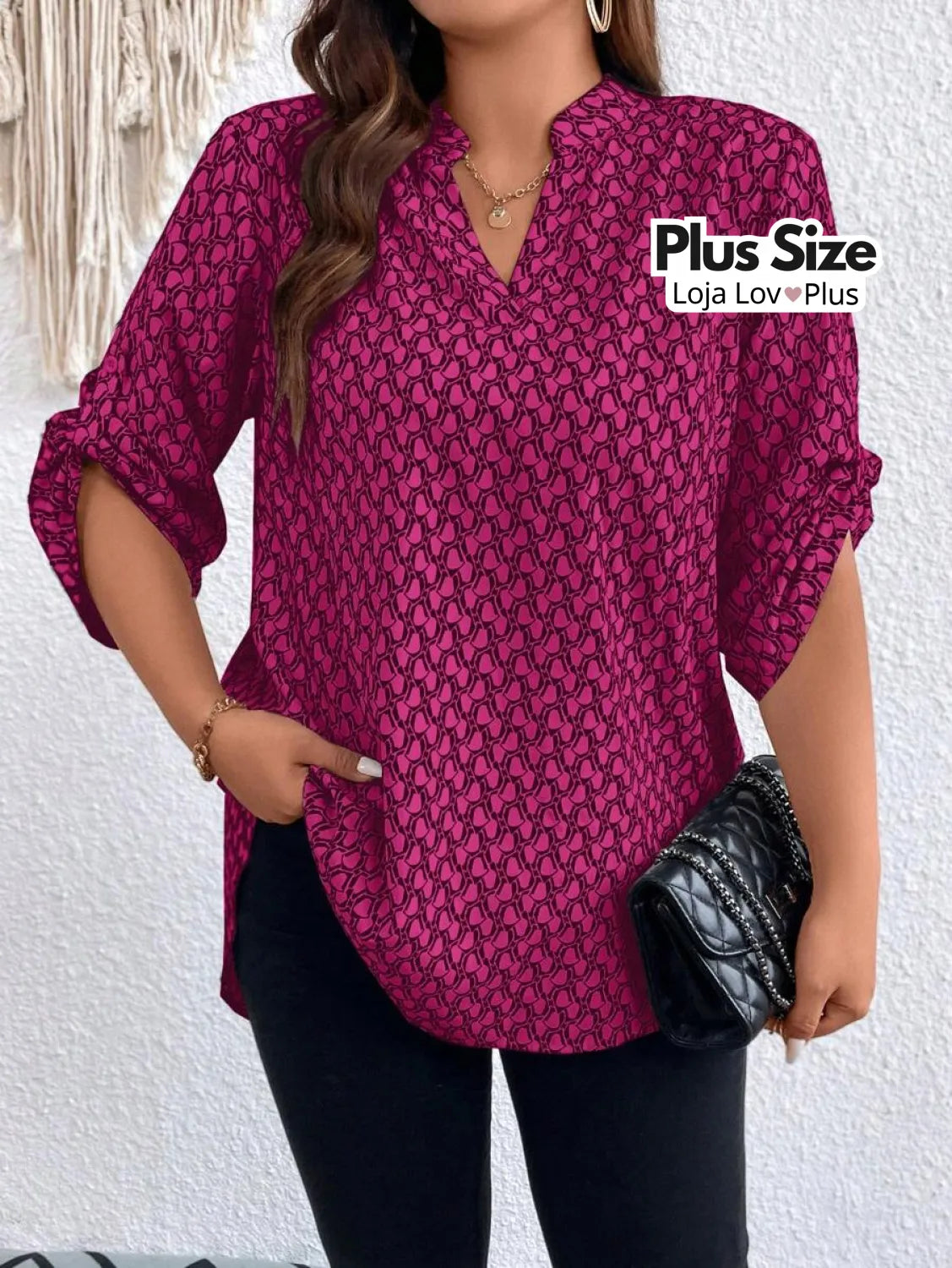 Blusa Plus Size Longa com Manga Dobrável G / Pink Blusas Plus Size