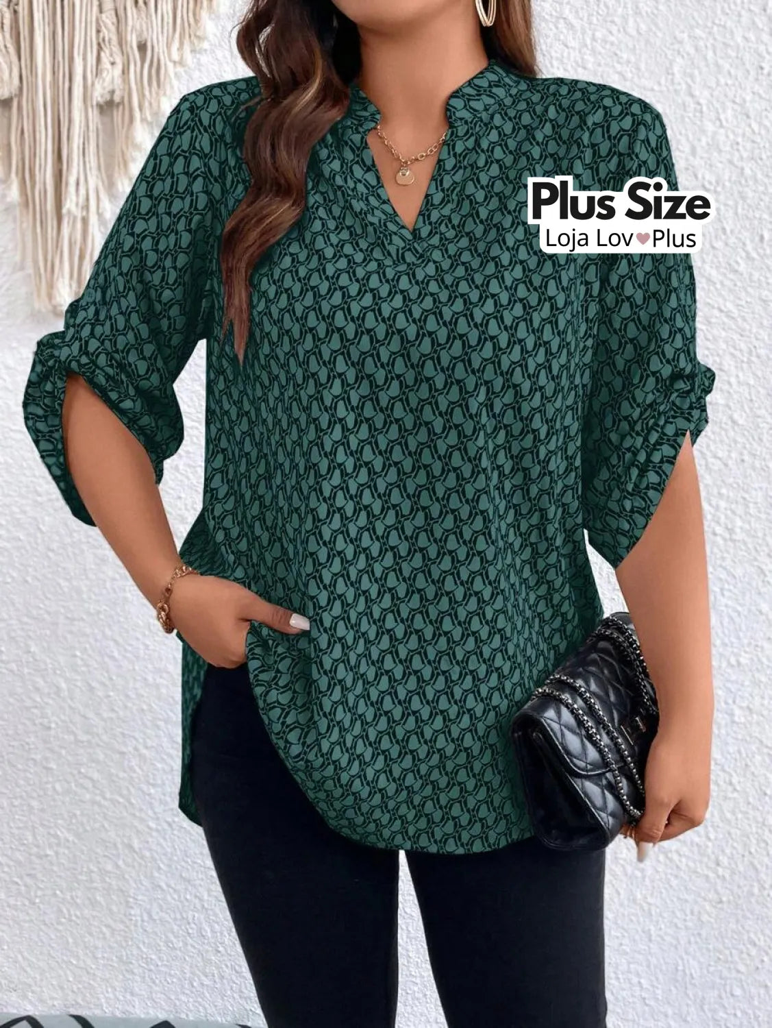 Blusa Plus Size Longa com Manga Dobrável G / Verde Blusas Plus Size