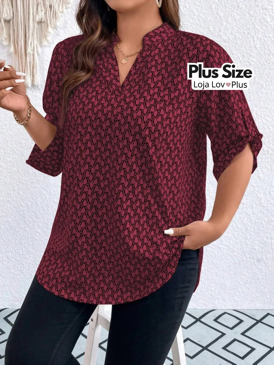 Blusa Plus Size Longa com Manga Dobrável G / Vinho Blusas Plus Size