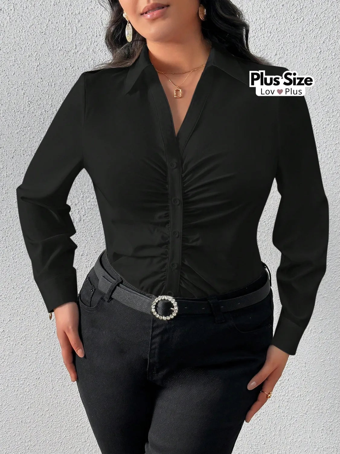 Blusa Social Drapeada Plus Size G / Preto Blusas Plus Size