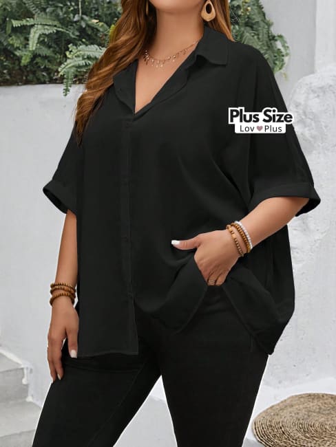 Blusa Solta de Botões e Manga Plus Size - Tags: Blusas Plus Size