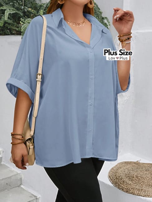 Blusa Solta de Botões e Manga Plus Size - Tags: Blusas Plus Size