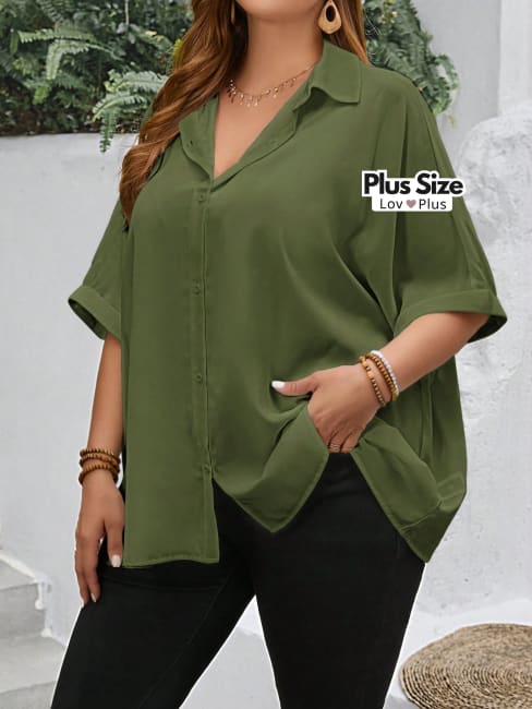 Blusa Solta de Botões e Manga Plus Size - Tags: Blusas Plus Size