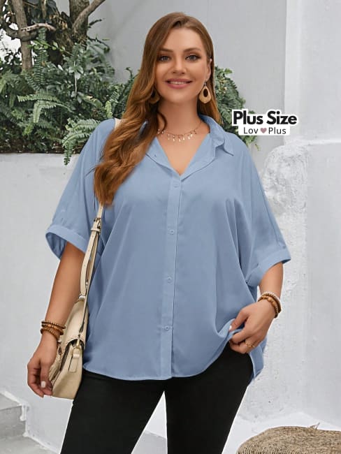 Blusa Solta de Botões e Manga Plus Size - Tags: Blusas Plus Size
