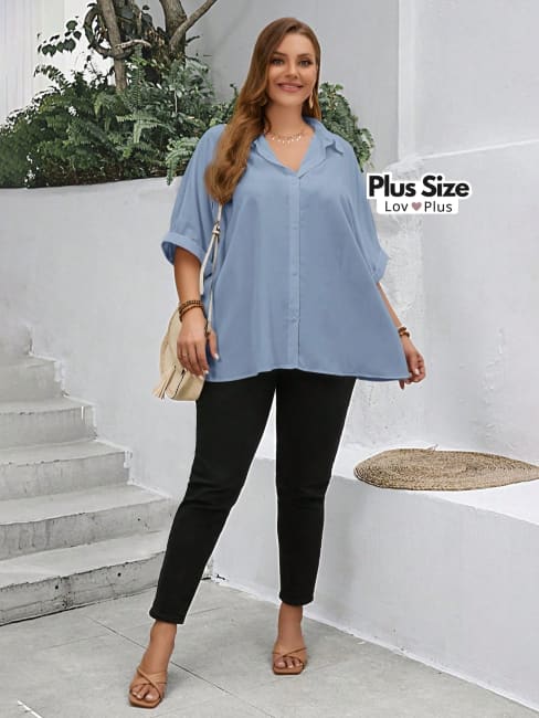 Blusa Solta de Botões e Manga Plus Size - Tags: Blusas Plus Size