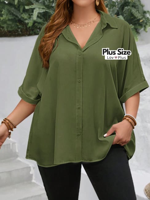 Blusa Solta de Botões e Manga Plus Size - Tags: Blusas Plus Size