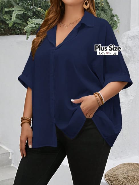 Blusa Solta de Botões e Manga Plus Size - Tags: Blusas Plus Size