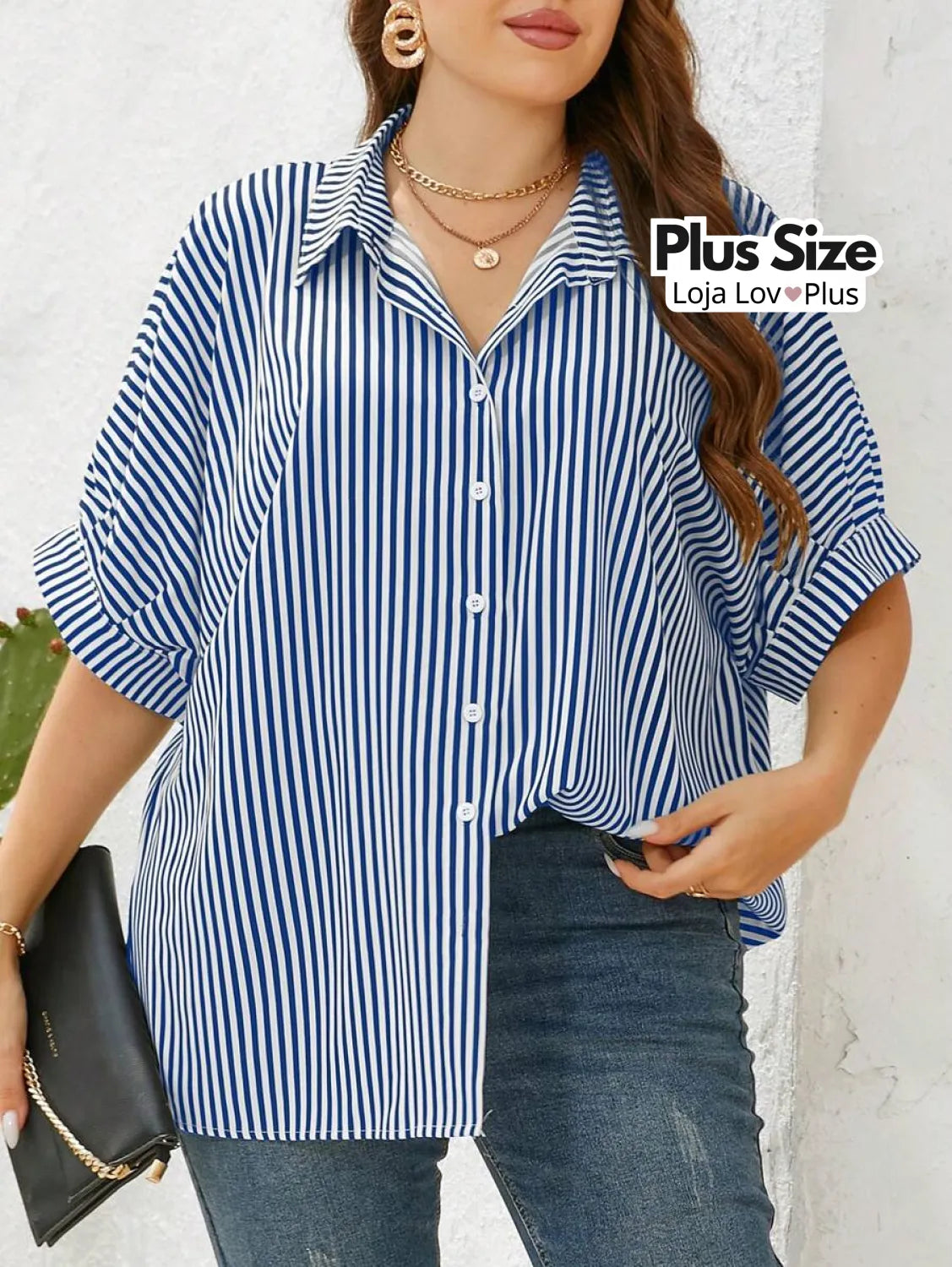 Camisa Listrada Clássica Plus Size Blusas Plus Size