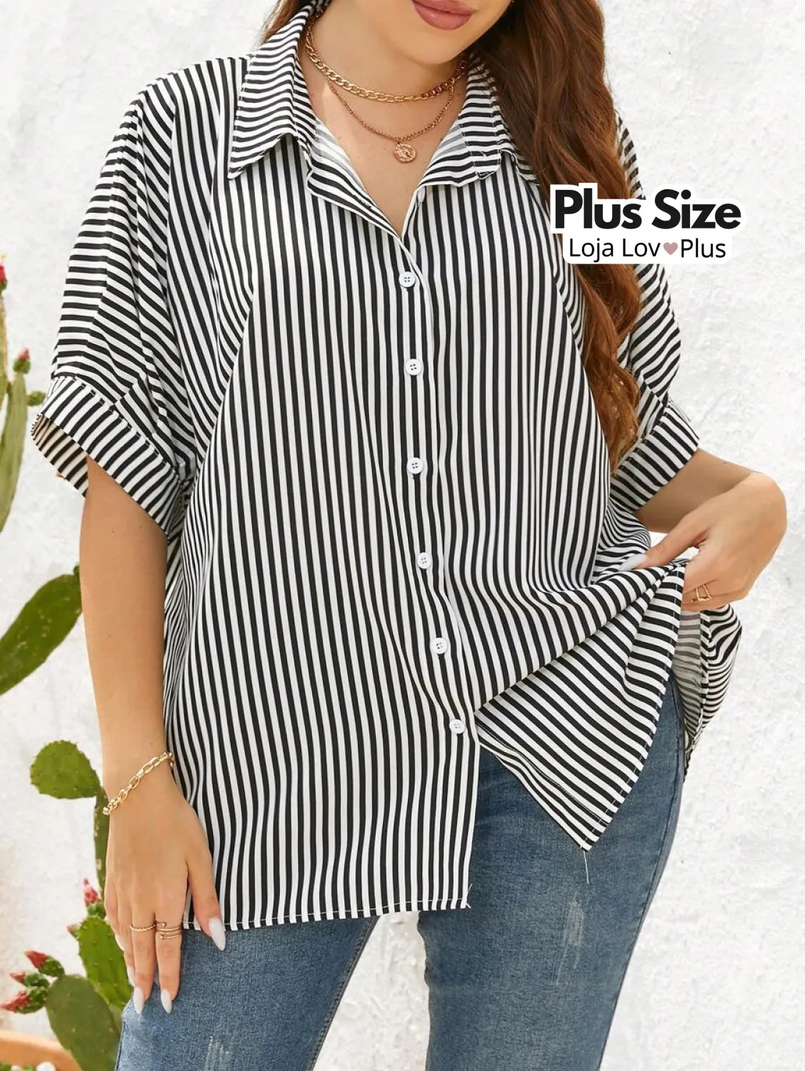 Camisa Listrada Clássica Plus Size Blusas Plus Size
