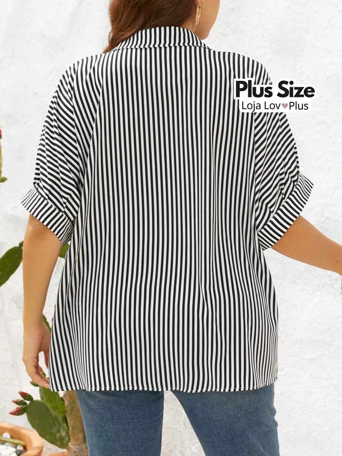 Camisa Listrada Clássica Plus Size Blusas Plus Size
