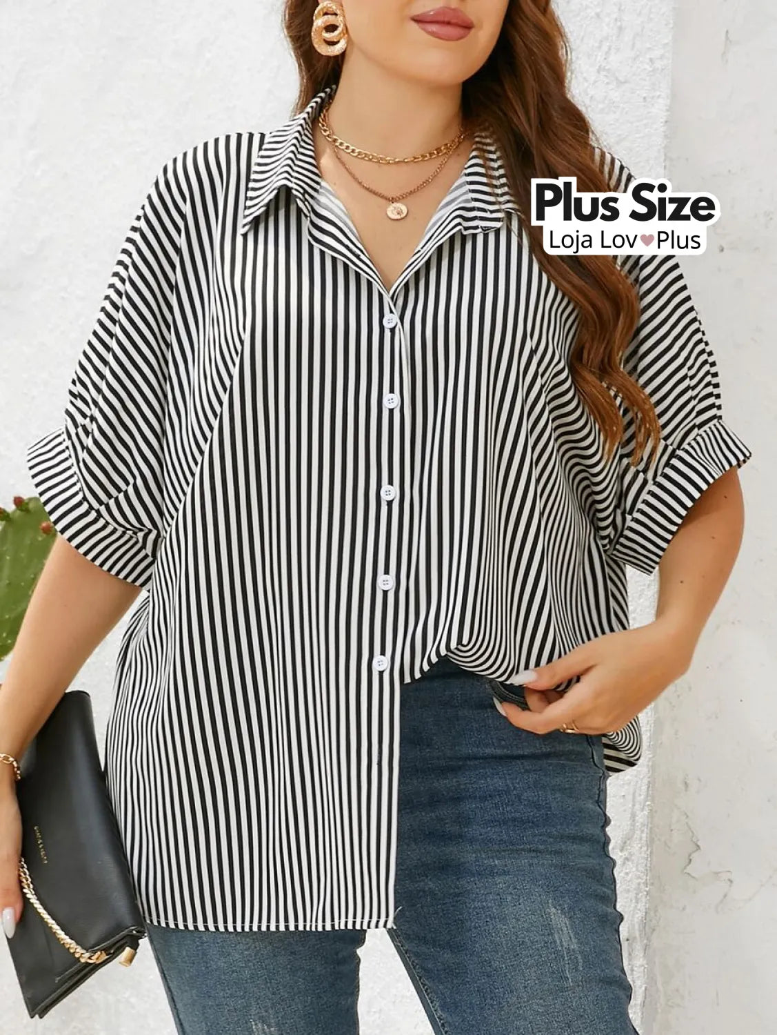 Camisa Listrada Clássica Plus Size Blusas Plus Size