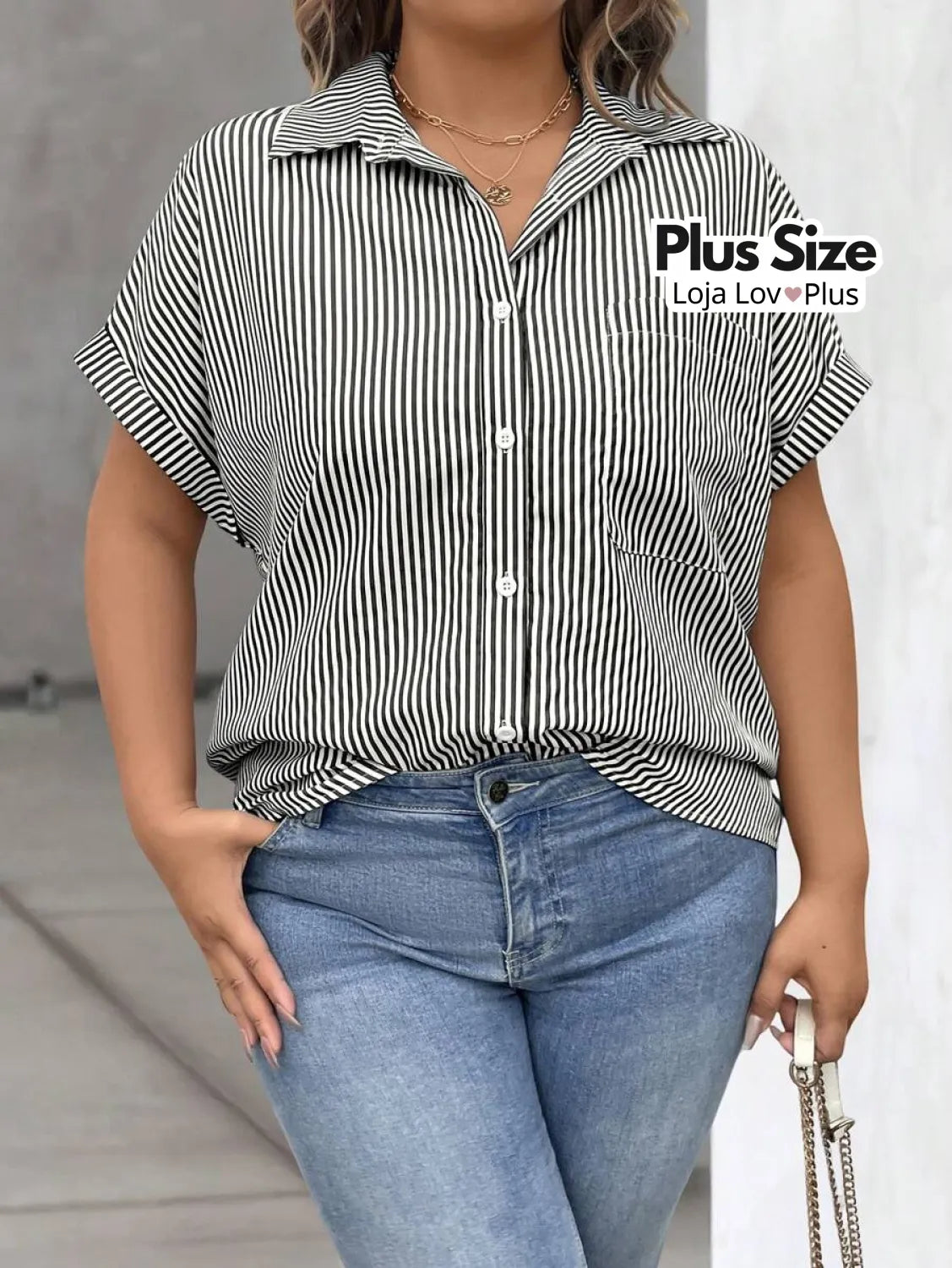 Camisa Plus Size Social de Manga Curta G / Preto Blusas Plus Size