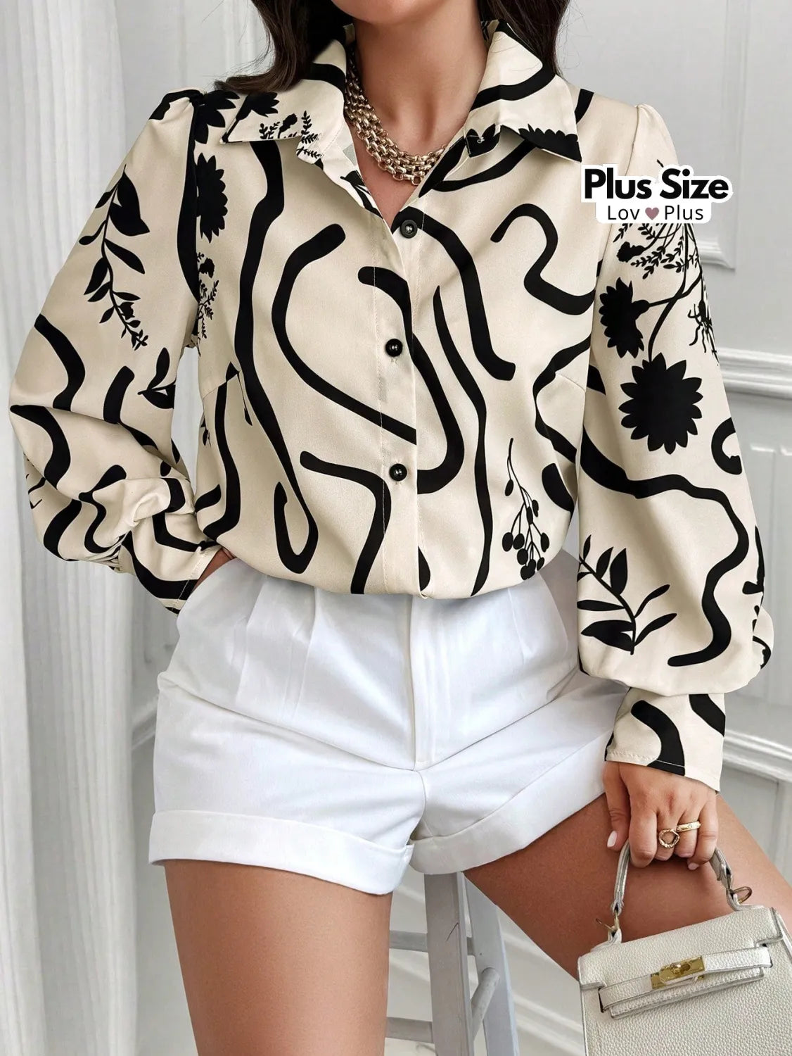 Camisa Plus Size Sofisticada de Manga Longa Blusas Plus Size