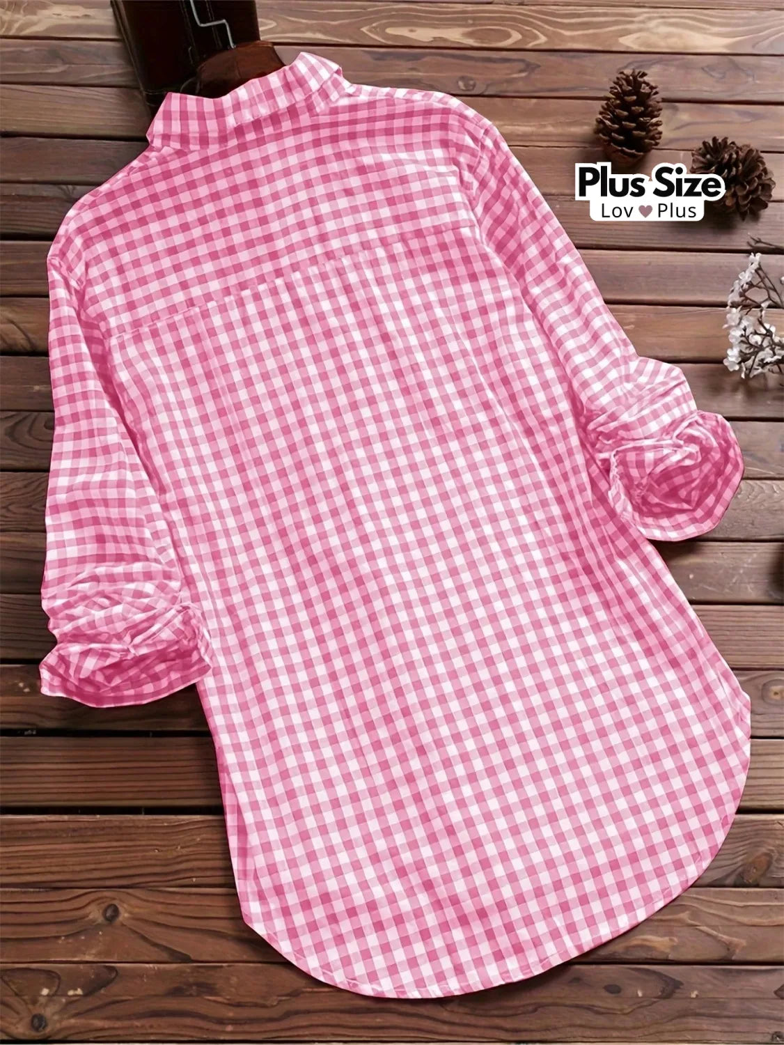 Camisa Plus Size Xadrez com Manga de Enrolar Blusas Plus Size