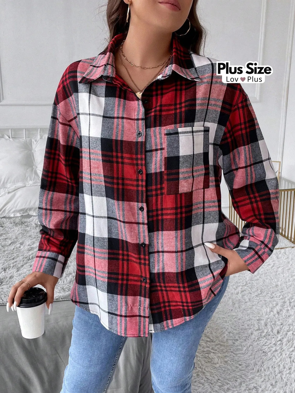 Camisa Xadrez Plus Size com Bolso Blusas Plus Size