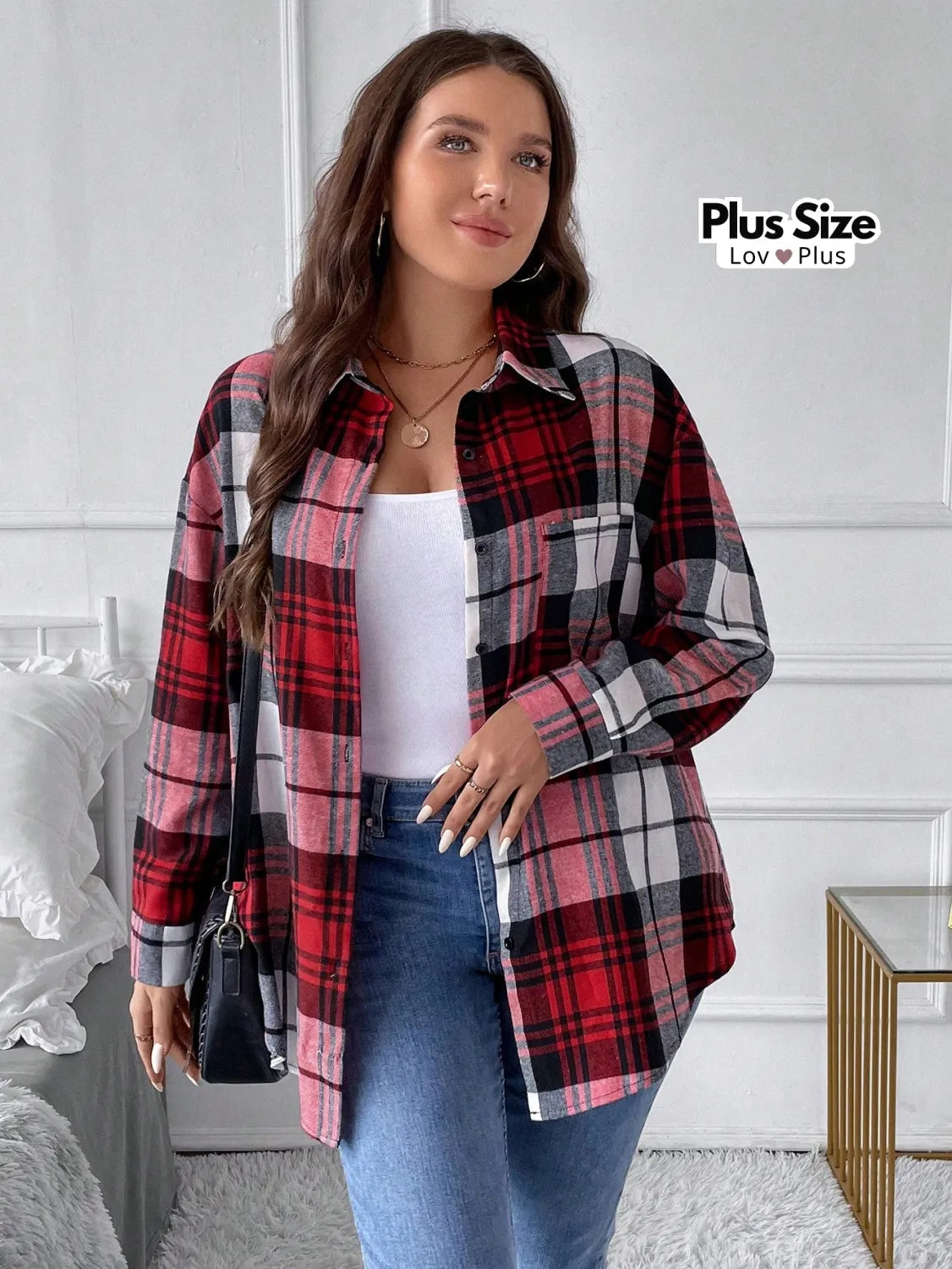 Camisa Xadrez Plus Size com Bolso Blusas Plus Size