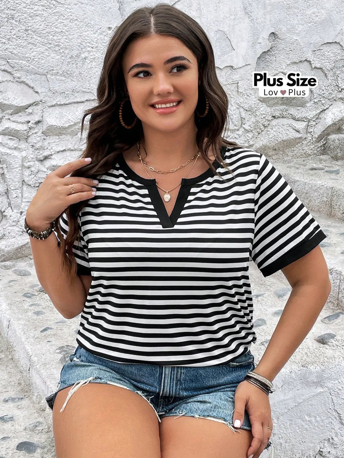 Camiseta Plus Size Listrada Confortável Blusas Plus Size