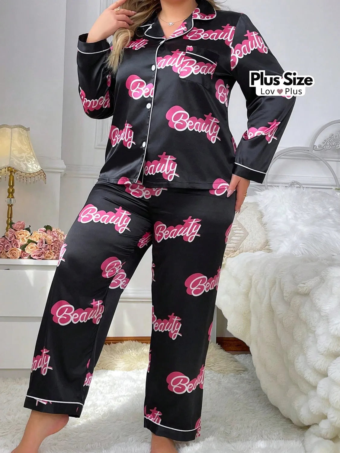 Pijama Feminino Confortável de Botão Plus Size Pijamas Plus Size