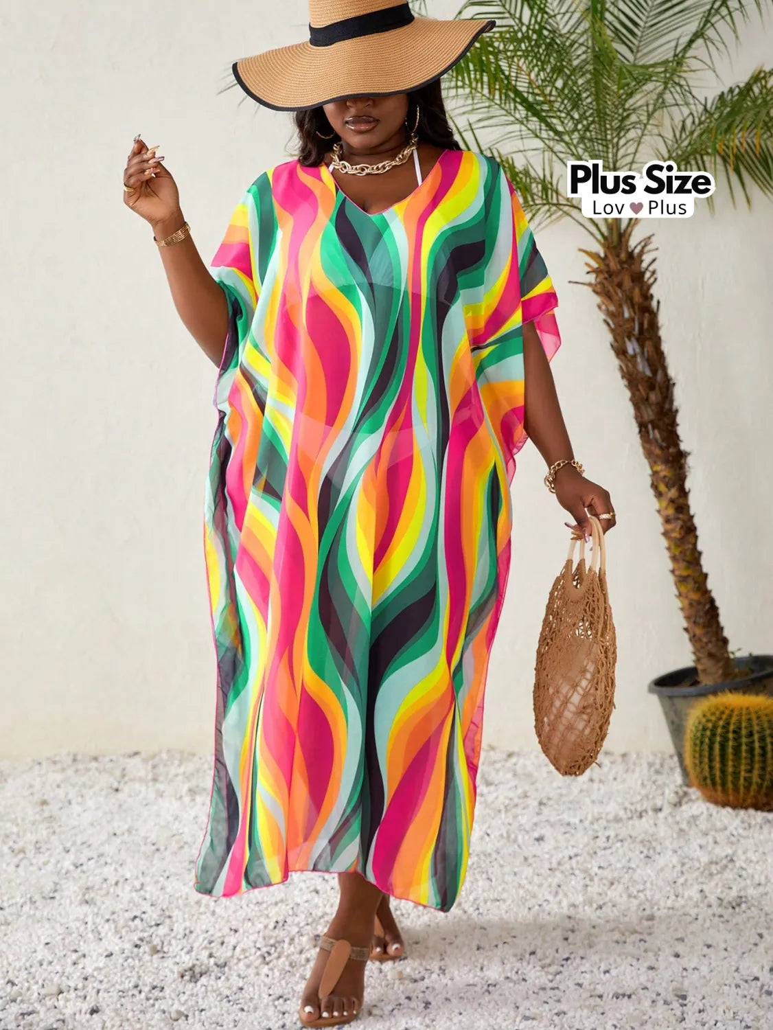Saída de Praia Colorida Plus Size tipo Túnica Saídas de Praia Plus Size