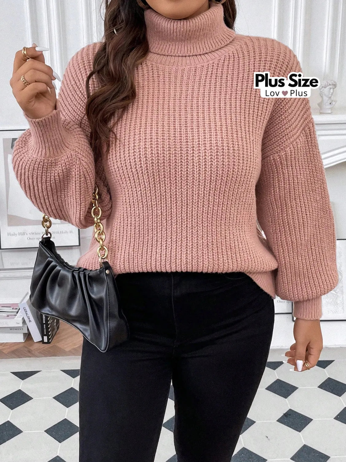 Suéter Plus Size Elegante de Lã com Gola Alta Suéter Plus Size