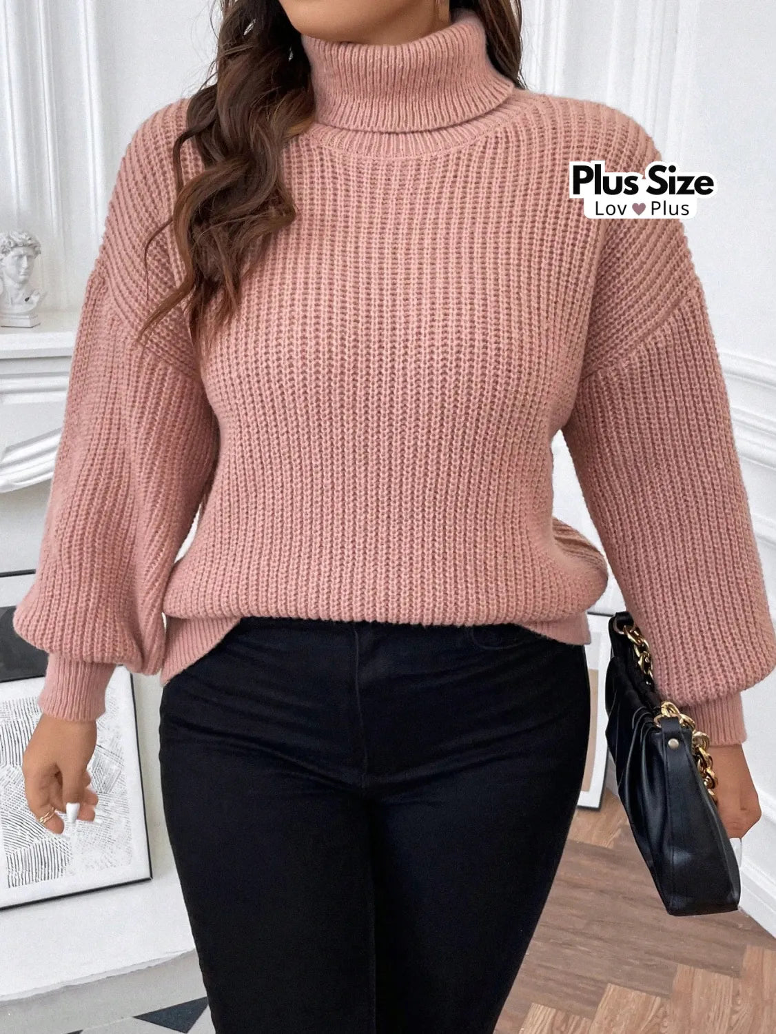 Suéter Plus Size Elegante de Lã com Gola Alta Suéter Plus Size