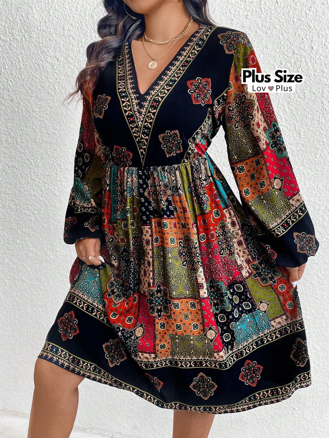 Vestido Boho Plus Size de Manga Longa Soltinha Vestidos Plus Size