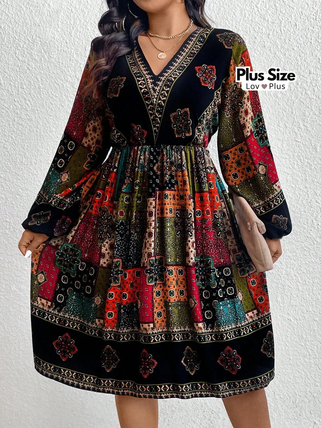 Vestido Boho Plus Size de Manga Longa Soltinha Vestidos Plus Size