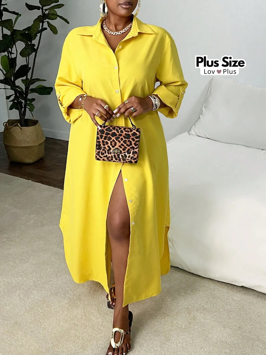 Vestido de Botão com Manga Dobrável Plus Size Vestidos Plus Size