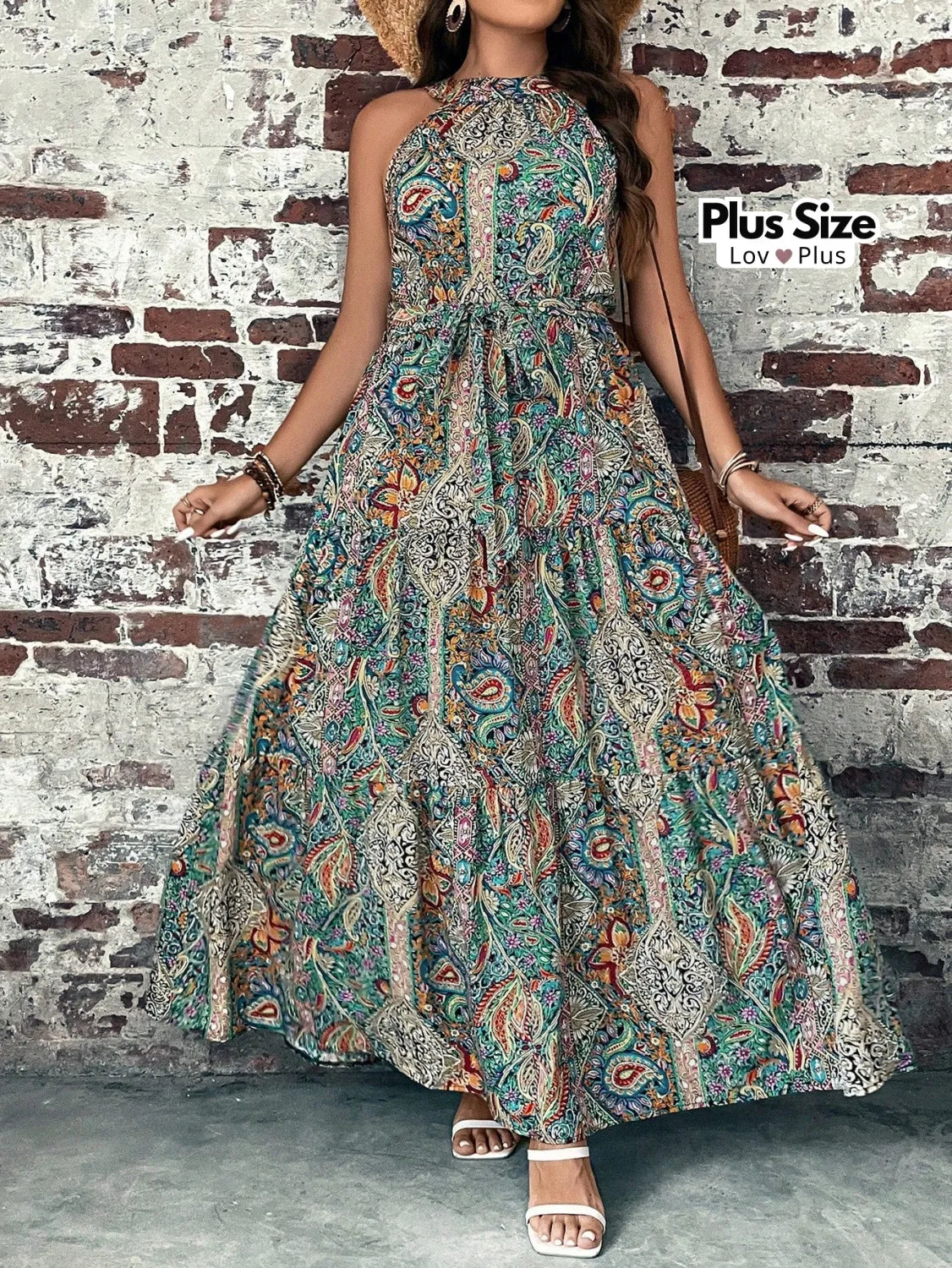 Vestido Longo Boho Plus Size com Cinto Vestidos Plus Size