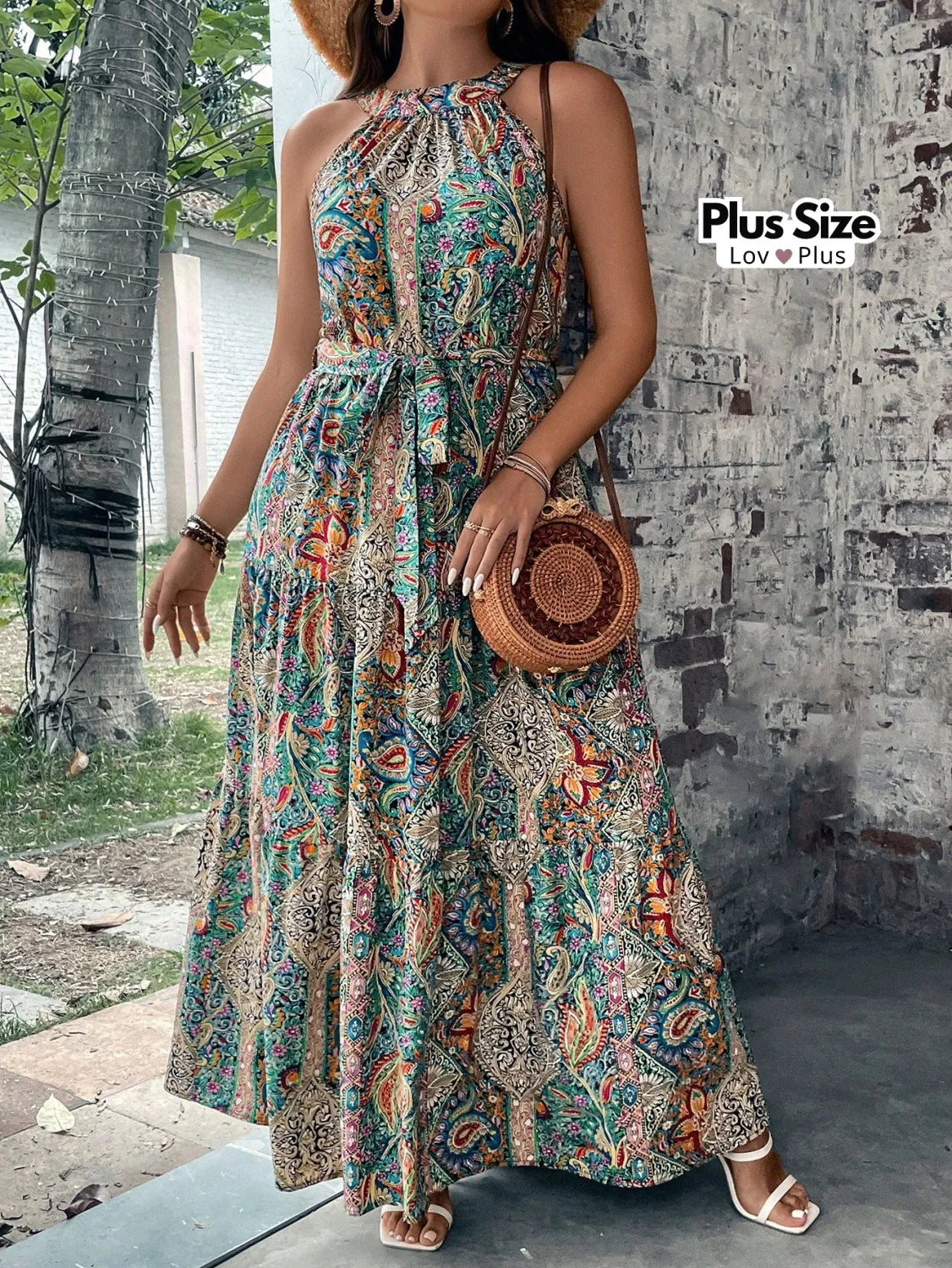 Vestido Longo Boho Plus Size com Cinto Vestidos Plus Size