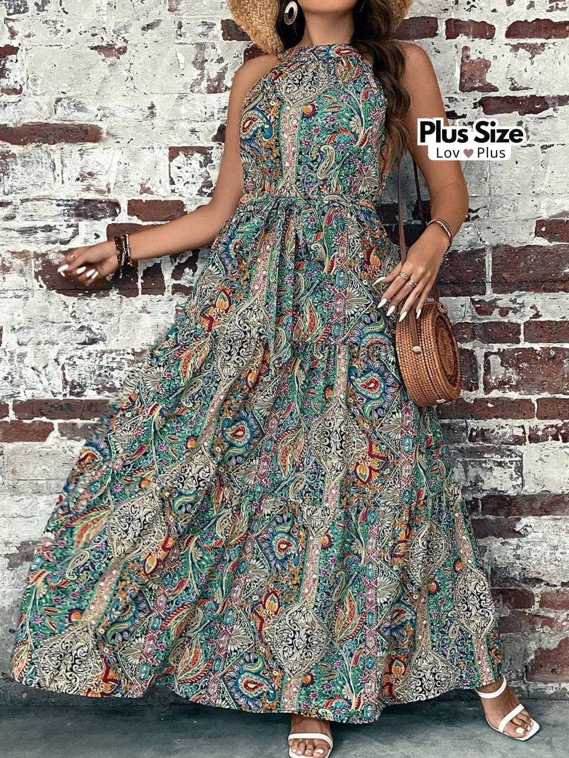 Vestido Longo Boho Plus Size com Cinto Vestidos Plus Size