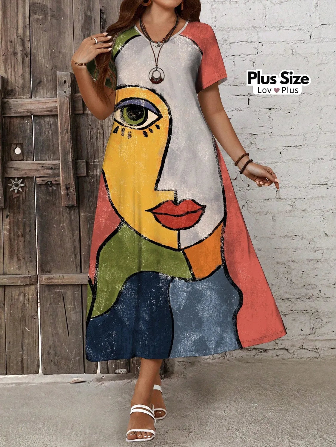 Vestido Midi com Estampa Abstrata Plus Size Vestidos Plus Size