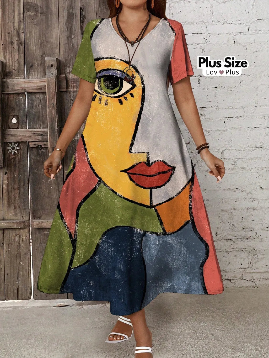 Vestido Midi com Estampa Abstrata Plus Size Vestidos Plus Size