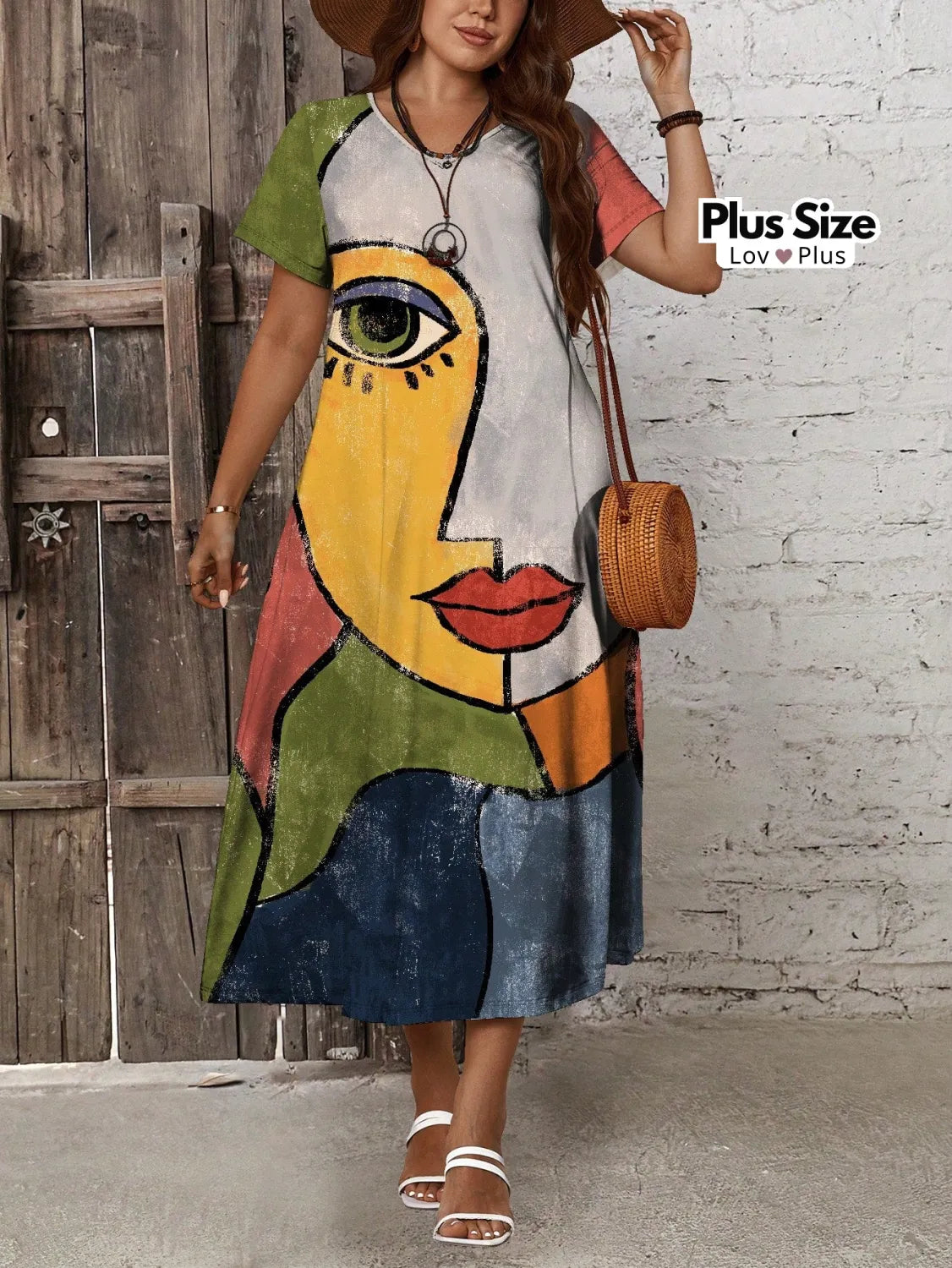 Vestido Midi com Estampa Abstrata Plus Size Vestidos Plus Size