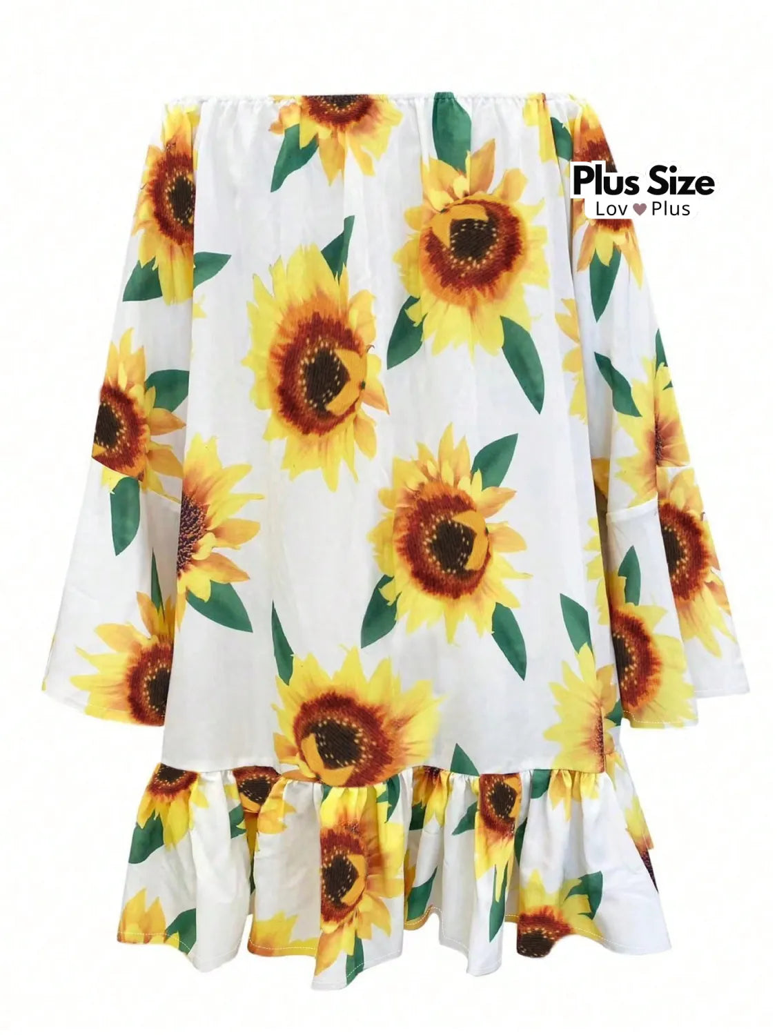 Vestido Plus Size de Girassol com Manga Flare Vestidos Plus Size