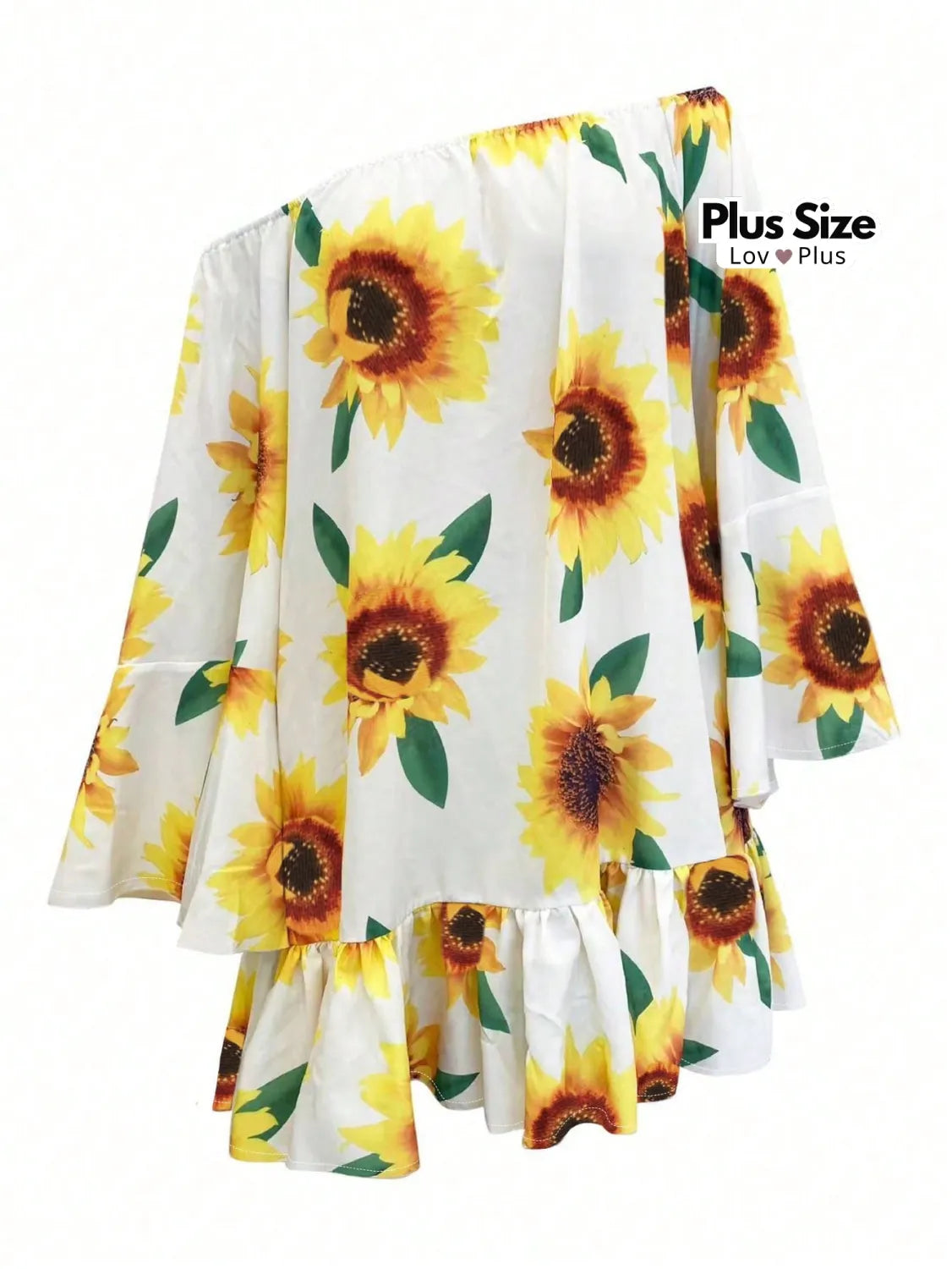 Vestido Plus Size de Girassol com Manga Flare Vestidos Plus Size