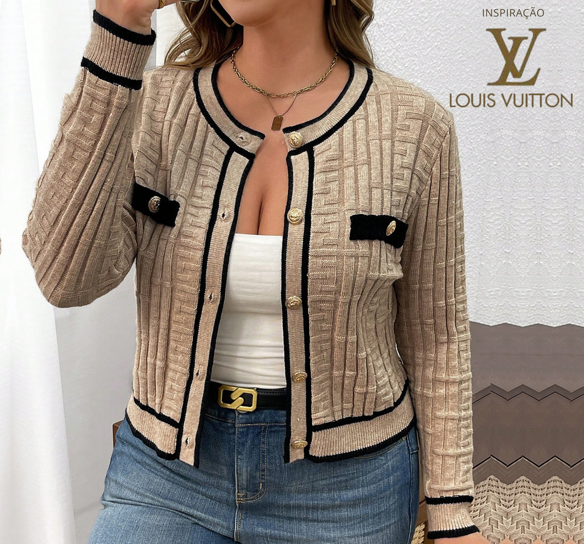 Cardigã Plus Size Luxo Inspiração LV