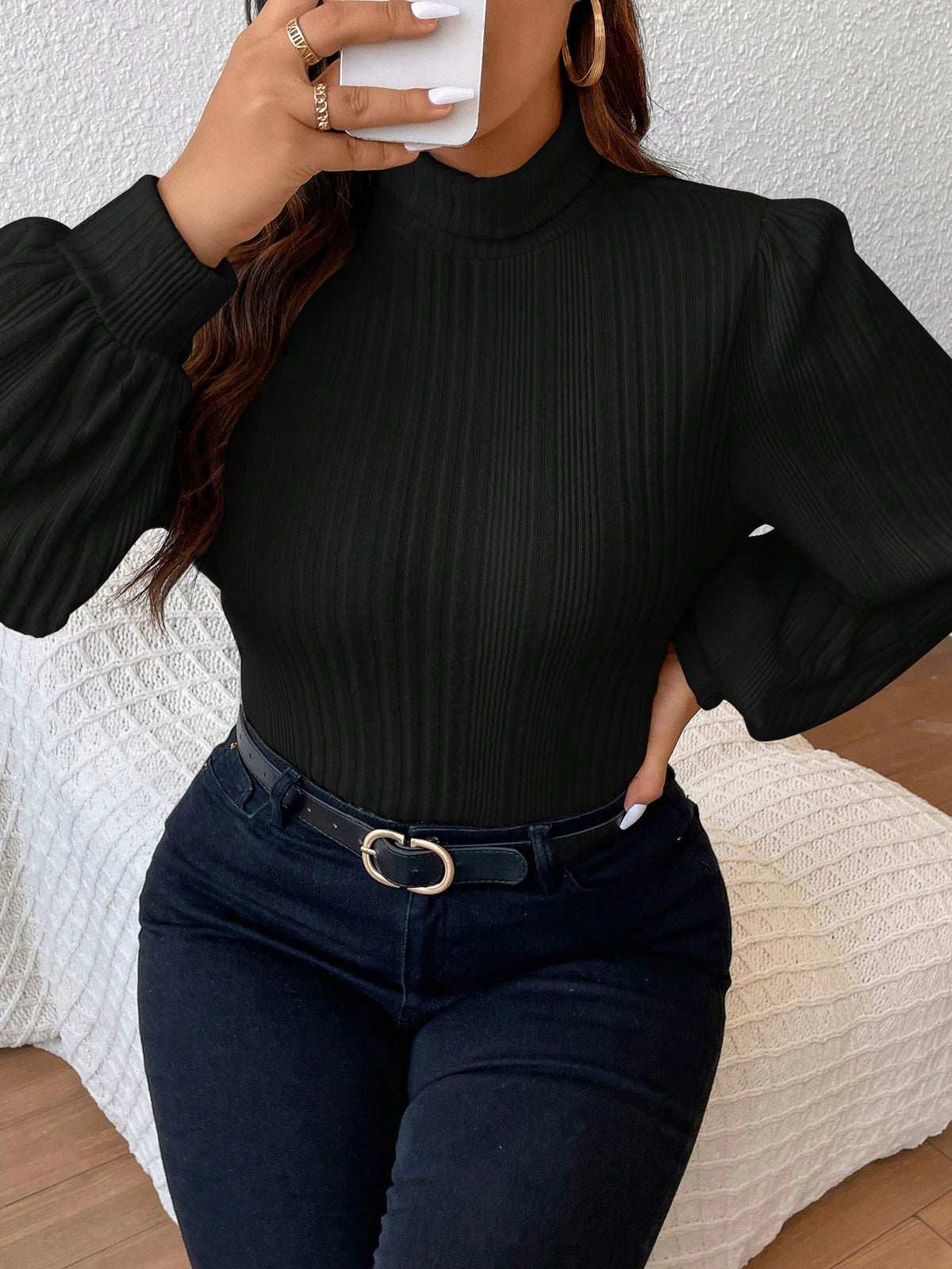 Blusa Plus Size Canelada de Manga Comprida